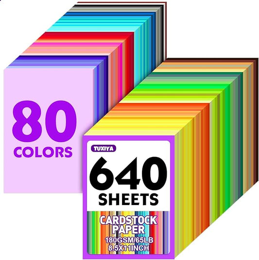640 Sheets 8.5" X 11" Colored Cardstock, 80 Assorted Colors 180 GSM/65 LB Construction Paper Card Stock Printer Paper for Printing, Card Making, DIY Crafts, Kids School Supplies,Party Decorations