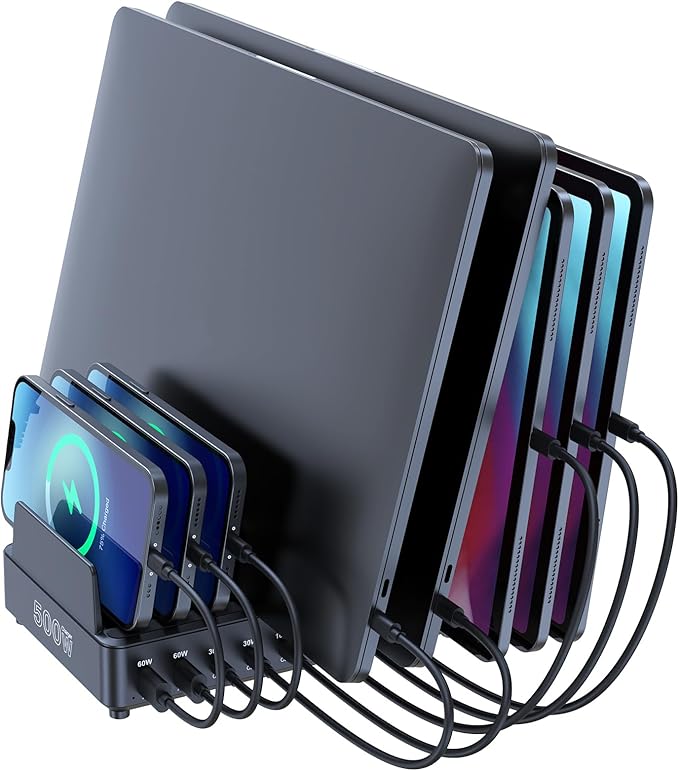chipofy 500W Charging Station for Multiple Devices, 10-Port Multi USB C Fast Charger Station with Organizer Stand for MacBook Laptop, iPad, iPhone 17 16 Pro Max, Galaxy S25/S24 and More