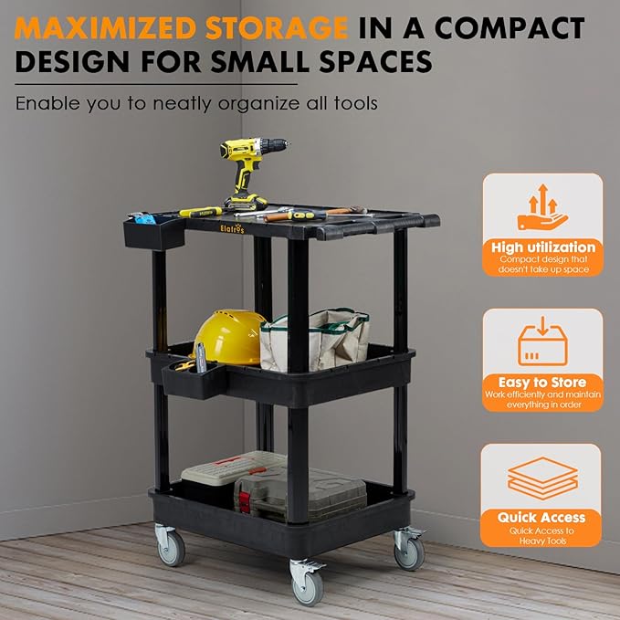 ELAFROS 3-Tier Utility Cart with Flat Top and Deep Shelves, 27.5 x 18.25, Compact Rolling Cart with 4" Wheels, Heavy-Duty Plastic, 330 lbs Capacity for Office, Workshop, Warehouse