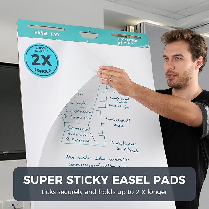 FAHKNS Sticky Easel Pad，Large 25x30 Inch Self-Adhesive Teacher'S Flip Chart Paper, Easel Pad with Dry Erase Surface for Classroom/Office, White, 30 Sheets/Pad, 6 Pads/Pack