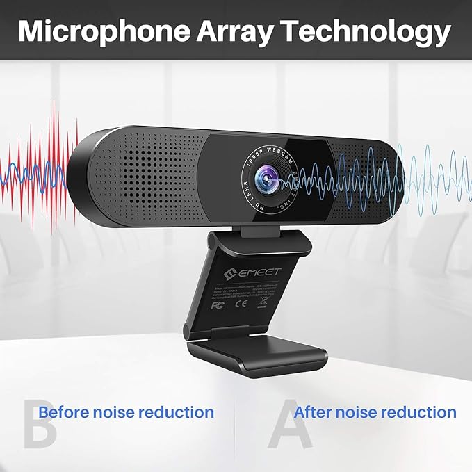 EMEET C980 PRO 3-in-1 1080P Webcam with Microphone and Speaker, 60°-98° Wide Angle Webcam w/ 4 Noise Cancel Mics, 2 Speakers, Auto Low Light Correction W/Cover, USB Camera for Online Conference/Class