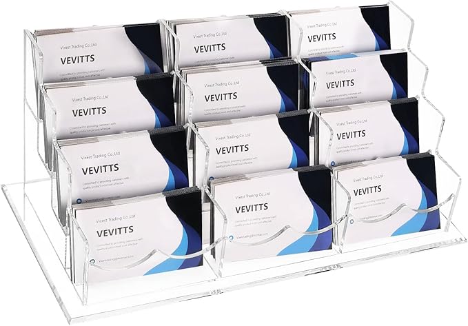 Vevitts Business Acrylic Card Holder Display for Desk, 12 Slots 4 Tiers Multiple-Clear Acrylic Business Card Stand Set, Holds Approximately 600 Cards