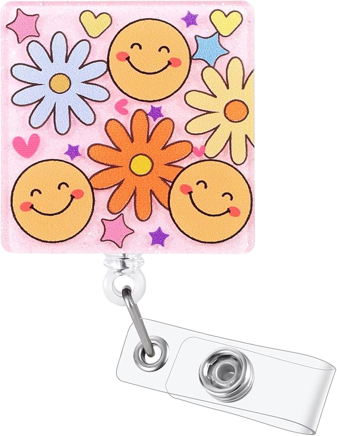 Pink Smiley Face Flower Funny Nurse Badge Reel, Cute Retractable ID Card Pediatric Badge Holder, Name Tag Badge Buddy for RN LPN CNA MA PCA Nurse Nursing Student Teacher Doctor Medical Social Workers