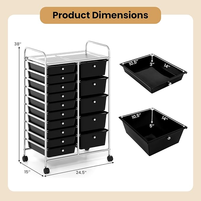 Giantex 15 Drawer Rolling Cart with Drawers, Storage Organizer Cart for Classroom Office School Teacher, Mobile Drawer Cart for Tools, Crafts, Small Printer, Black