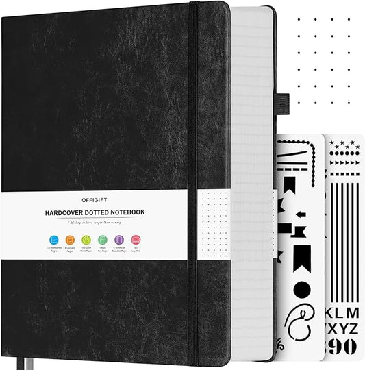 OFFIGIFT Bullet Dotted Journal, Large A4 Hardcover Leather Journal, 312 Numbered Pages Thick Journal, 100gsm No Bleed Paper Dot Grid Notebook for Women Men, 8.5'' × 11'', Black