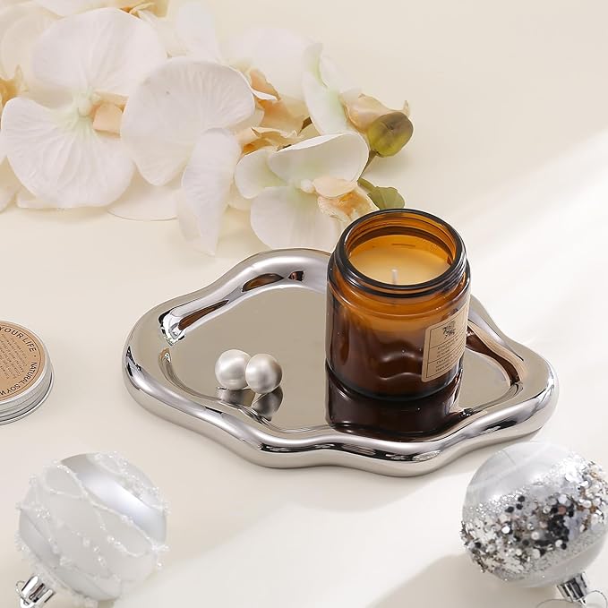 CCINPPY Ceramic Jewelry Tray Trinket Dish, Decorative Cloud Vanity Key Tray for Women, Ring Holder Dish, Cute Jewelry Plate Bowl Room Decor Aesthetic, Silver, Large