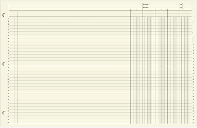 BookFactory Ledger Sheets/Large 5 Column Accounting Ledger Columnar (Five Columns) Loose Leaf Paper - 17'' x 11'', 50 Pages, Loose Leaf, 3 Hole Punched (Made in USA)