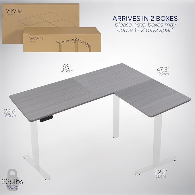 VIVO Electric Corner 63 x 47 inch L-Shaped Standing Desk, Memory Height Adjustment, Dark Gray Top White Frame, DESK-E3CTWG-47