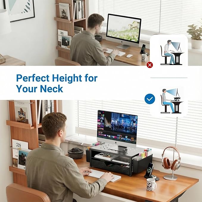 OPNICE Laptop Stand Desk Organizer, 2-Tier Metal Monitor Stand Riser with Drawer & 2 Pen Holders, Ventilated Perforated Steel Top, Office Desk Accessories for Home Office, Black