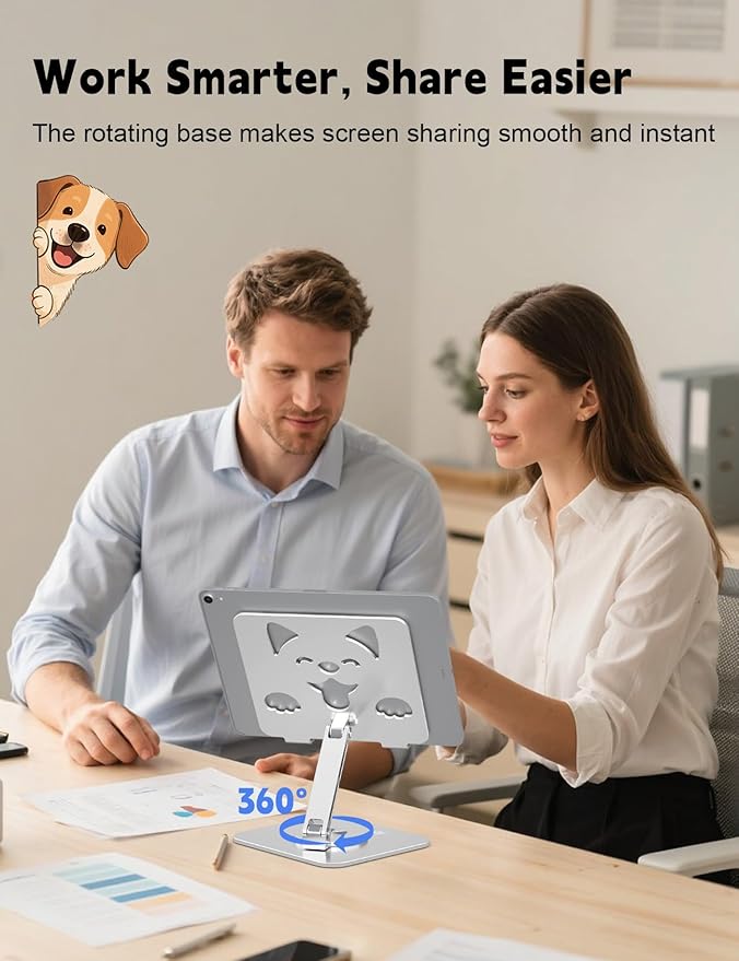 Aoviho Adjustable Tablet Stand for iPad - 360° Rotating Aluminum Desk Holder, Foldable Stable Stand for iPad Pro 12.9/11, Samsung Galaxy Tab, Home Office & Travel, Silver