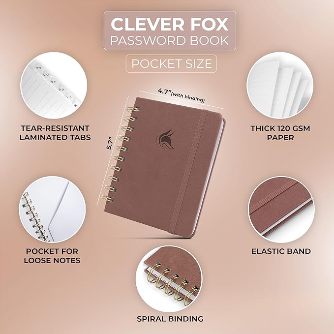 Clever Fox Password Book Spiral – Mini Internet Address & Password Organizer with Laminated Alphabetical Tabs – Small Password Keeper Journal – Hardcover, Pocket Size, 4.7x5.7” (Dark Terraсotta)