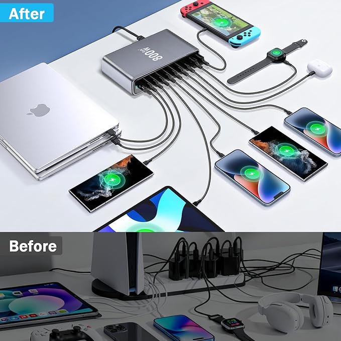 800W USB C Fast Charger Block, Dual PD3.1 140W 10 Port USB Charging Station, GaN Ⅲ Pro PD PPS Fast Charging Station for Multiple Devices,Laptop Wall Charger Compatible with iPhone 17/iPad/MacBook etc