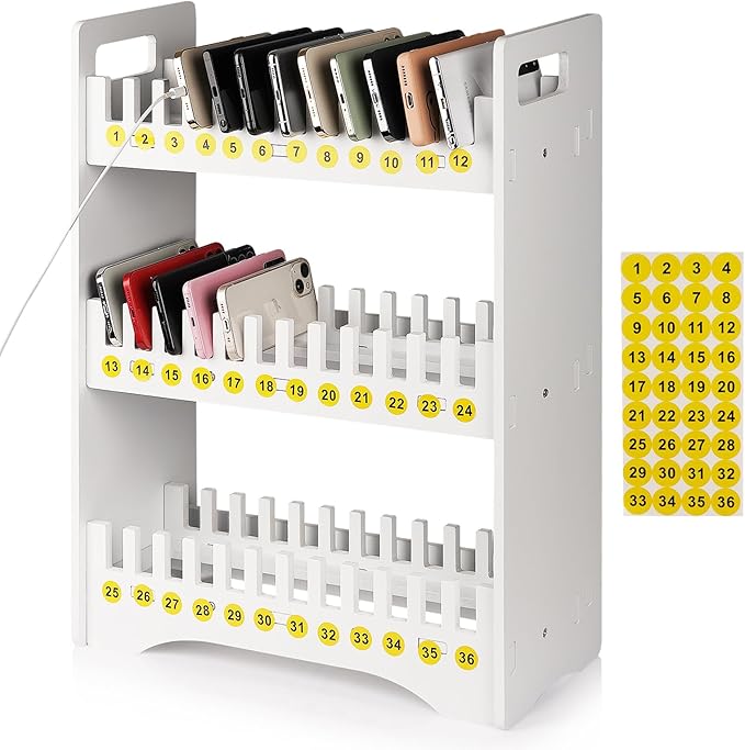 Ozzptuu Cell Phone Holder Classroom Cell Phone Storage 3-Tier Multiple Cell Phone Stand Rack with 1-36 Number Stickers PVC Board Mobile Phone Holder Desktop Organizer for Classroom Office