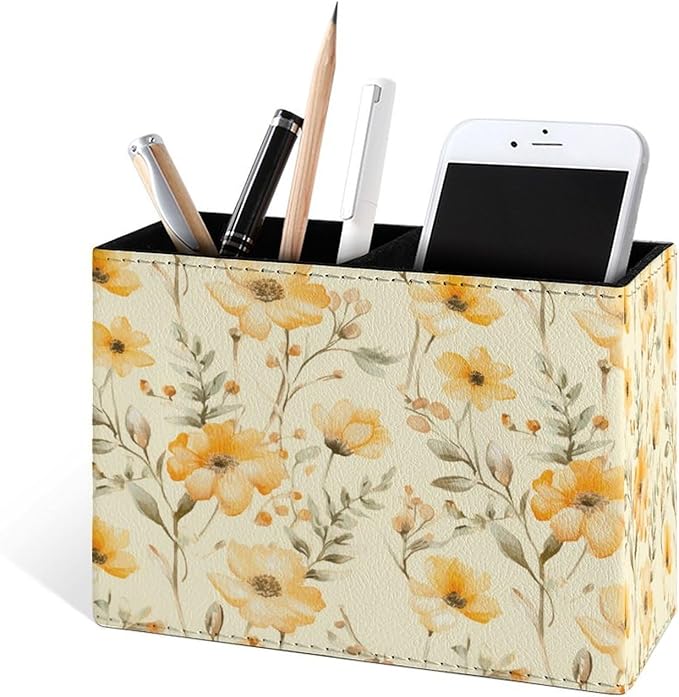 Famame Yellow Flowers Small Leaves Pencil Holder for Desk, Leather Desktop Container Pen Cup Storage Study Table Pen Organizer Makeup Brush Holder for Classroom Office Home