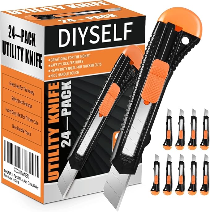 DIYSELF Box Cutter, 24 Pack Box Cutters Retractable Razor Blades Utility Knife Opener Safety Snap off Knives for Warehouse Pen Hobby Modeling Pencil Exacto Knife