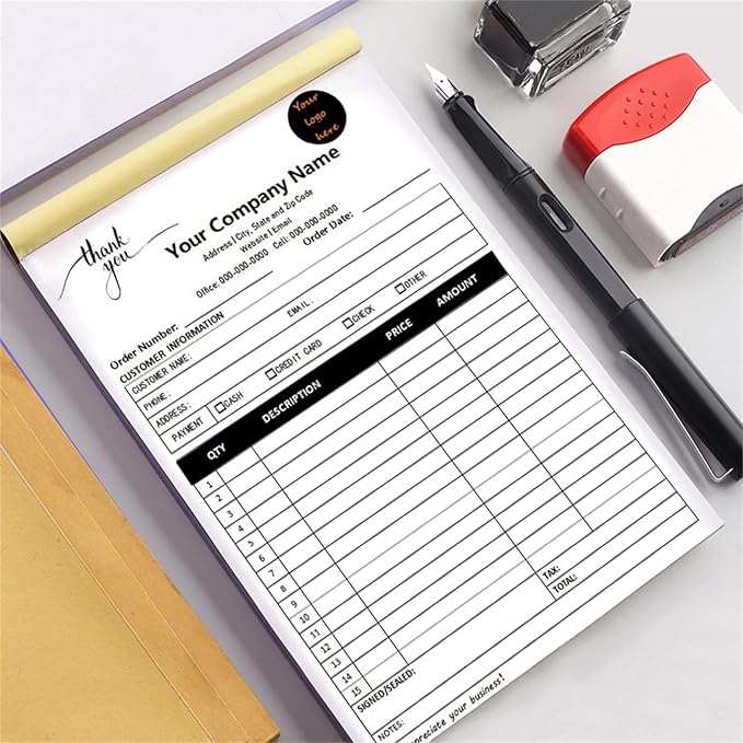 Custom Invoice Book in 3-Part /2-Part Receipt Book with Carbon Copies Personalized Carbonless Service Invoice Form Books Sales Order Book with Company Name Logo Address,C3-Thank You Receipt