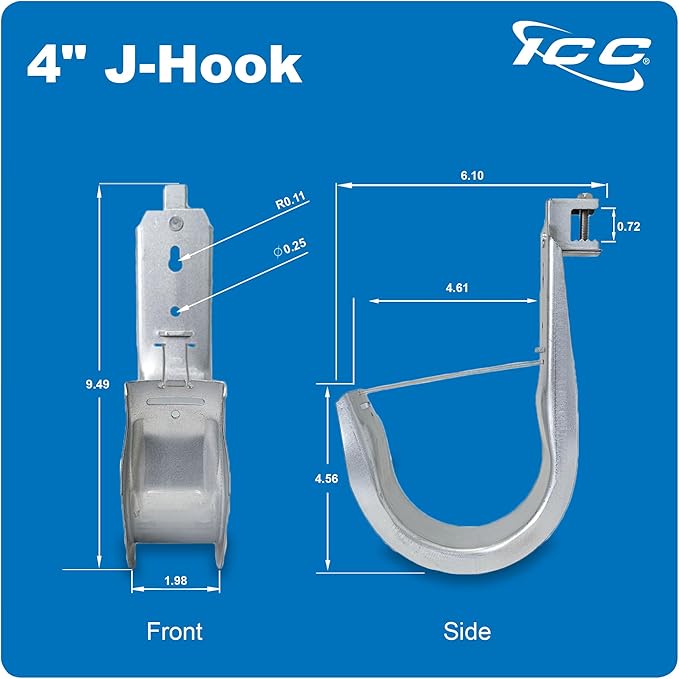ICC Beam Clamp J Hook 4” with Retainer Clip - Galvanized Steel Cable Management Hooks for Hanging Cable to Beams - Rust-Resistant, EIA and TIA Compliant - 4 Inch 25 Pack