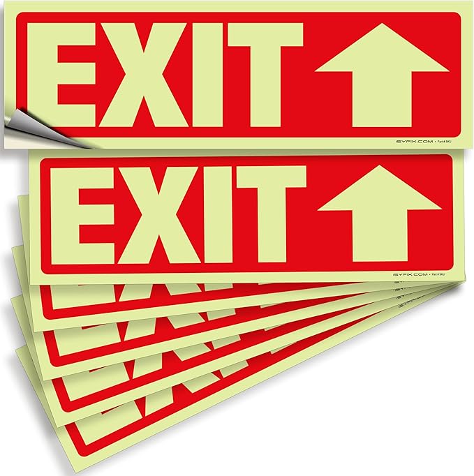iSYFIX Exit Stickers Signs with Directional Up Arrow 6 Pack 12x4 Inch - Glow in the Dark Photoluminescent Vinyl for Office, School, Business, Warehouse - UV & Weather Resistant for Indoor/Outdoor Use