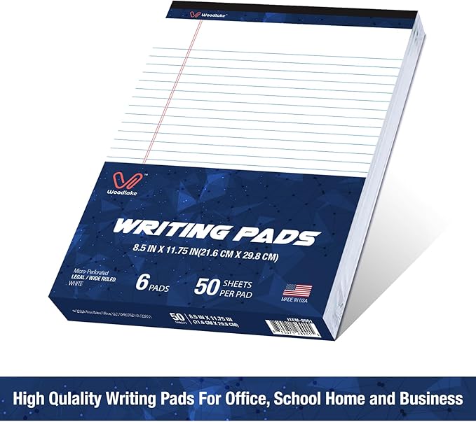 Woodlake Legal Pads 8.5 x 11, 6 Pack, Wide Ruled, Premium White Paper Pad No Ink Bleed, Micro‑Perforated, Sturdy Chipboard Back, 50 Sheets/Pad,for School, Office & Home, Made in USA