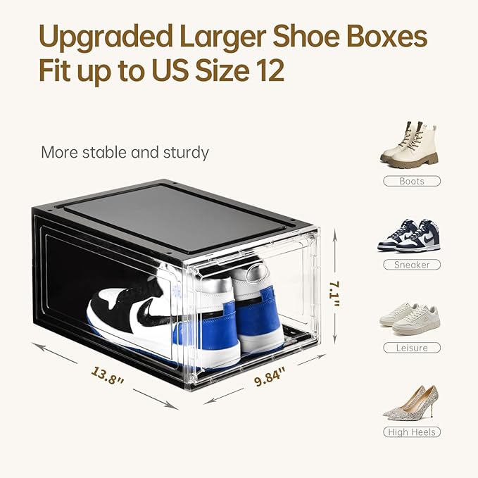 Amllas 10 Pack Shoe Boxes Stackable,Upgraded Sturdy Storage Boxes with Clear Magnetic Door,Multifunctional Sneaker Organizer Fit up to US Size 12 (13.8”x 9.84”x 7.1”)