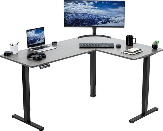 VIVO Electric Corner 63 x 47 inch L-Shaped Standing Desk, Memory Height Adjustment, Dark Gray Top Black Frame, DESK-E3CTG-47