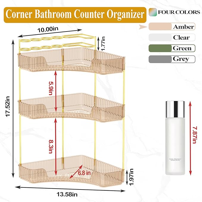 SUNZOS Corner Bathroom Counter Organizer, 3-Tier Countertop Perfume Tray Organizer with Makeup Brush Holder, Vanity Makeup Cosmetic Storage for Dresser