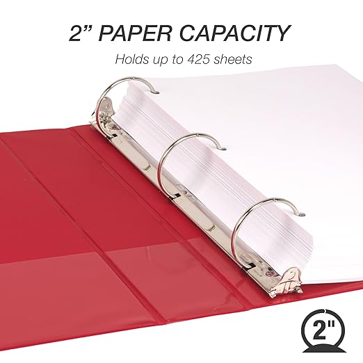 Samsill 2 Inch 3 Ring Binders, Made in USA, Economy Round Ring, Clear View Cover, 425 Sheet Capacity - for School, Home, Office - Red, 12 Pack