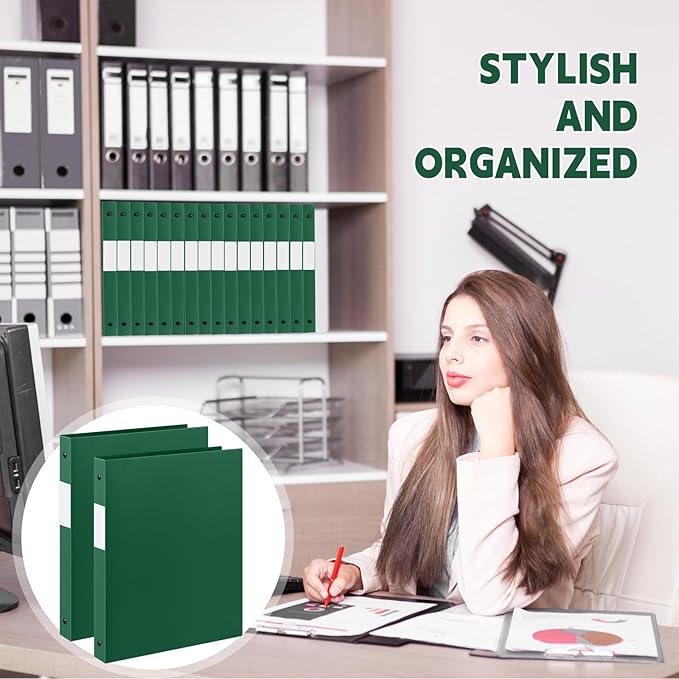 Henoyso 16 Pcs 3 Ring Binder 0.5 Inch Round Fits Letter Size 8.5'' x 11'' Paper Plastic Flexible Binder Bulk Holds 140 Sheets with 1 Pockets Versatile Organizer for Home Office School (Dark Green)
