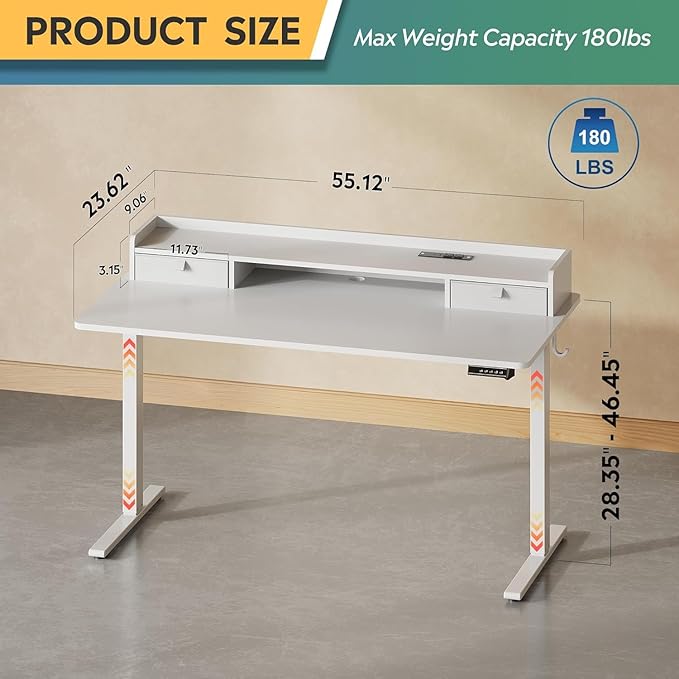 DEVAISE 55×28 Inch Electric Standing Desk with Drawers, Computer Desk with 3 Adjustable Height, Storage Shelf and Built-in USB Outlet, Memory Preset, Sit to Stand Desk for Home Office, White