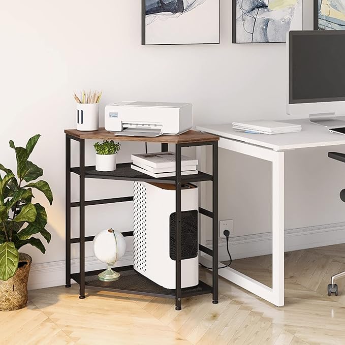 VEDECASA Corner Printer Stand Table with Power Outlet Charging Plugs USB Port Adjustable Storage Shelf Computer Tower CPU Stand Holder for Home Office (Brown)