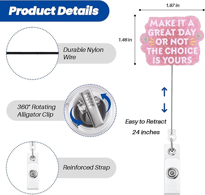 Make It A Great Day Or Not The Choice is Yours Funny Nurse Badge Reel, Cute Pink Retractable ID Card Badge Holder, Name Tag Badge Clip for RN Nurse Nursing Student Psychotherapist Social Workers