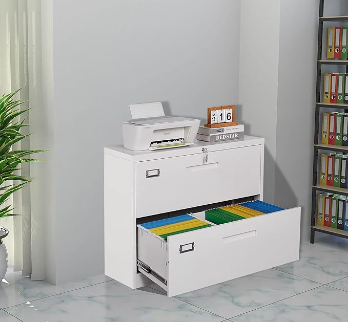 MIIIKO 2 Drawer Lateral File Cabinet with Lock, White Filing Cabinet for Home Office, Two Drawer Metal File Cabinet for Hanging Files Folders Letter/Legal/F4/A4 Size