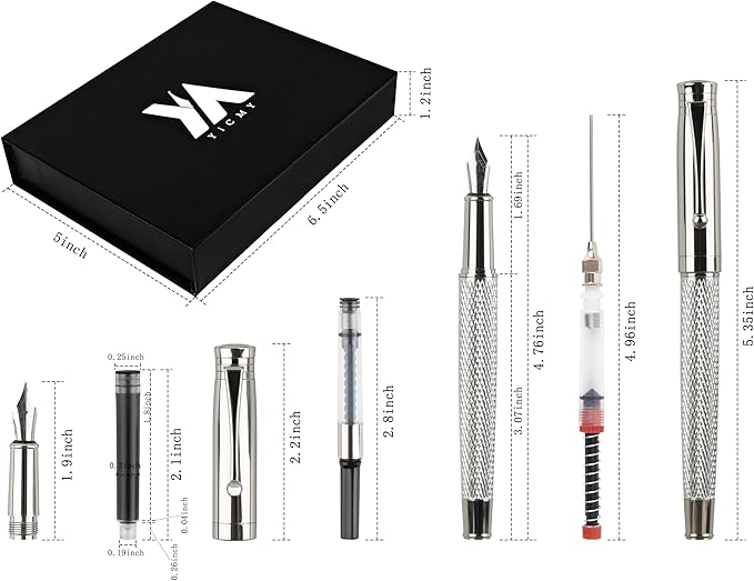 YICMY Fancy Fountain Pen Set – Fine & Medium Nibs, Includes 18 Ink Cartridges, Ink Converter, Syringe Filler, Luxury Gift for Writing, Journaling & Calligraphy，Silvery