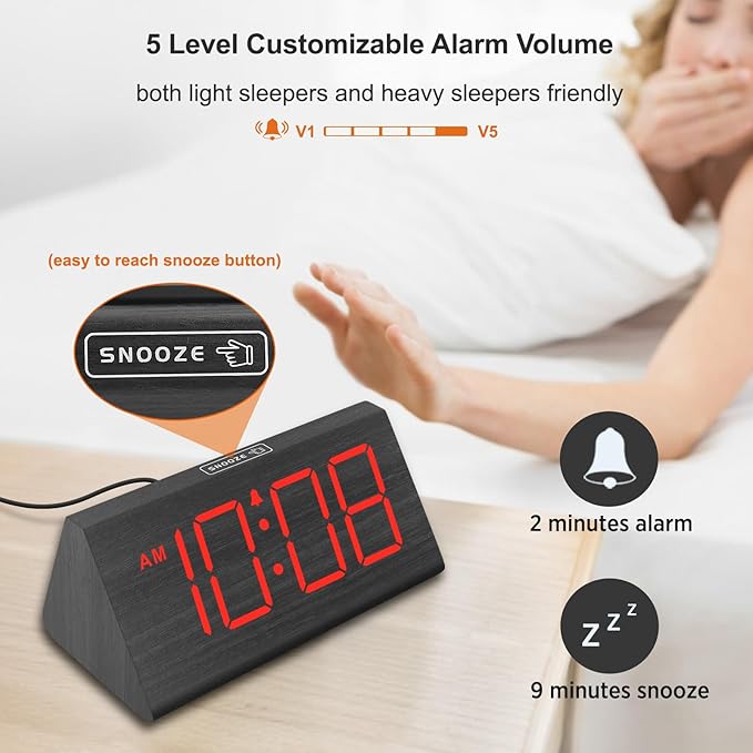 DreamSky Wooden Digital Alarm Clocks for Bedrooms - Electric Desk Clock with Large Red Numbers, USB Port, Battery Backup Alarm, Adjustable Volume, Wood Décor, Dimmer, Snooze, DST (Adapter Powered)