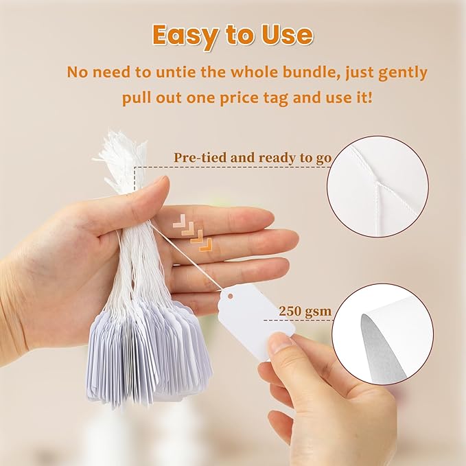 1000 PCS White Price Tags with String Attached, 1.75 x 1.1 Inches, Goefun Writable Label Strung Marking Tags for Pricing, Hanging, Clothing, Jewelry, Garage/Yard Sale, 250 GSM