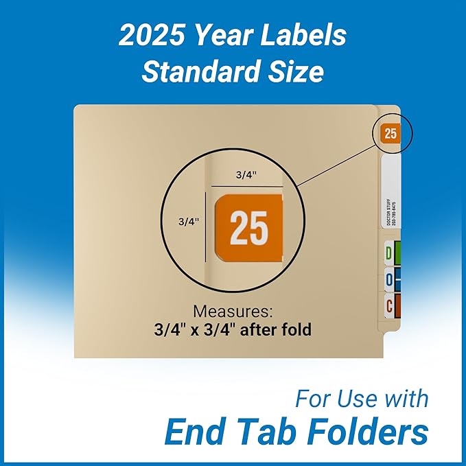 2025 Year Labels, Doctor Stuff 2025 Chart Stickers, Orange/White Color Coded, Reynolds & Reynolds Style, USA Made Year Stickers for End Tab File Folders, 500/Roll, 1 Roll, 3/4" x 1-1/2"