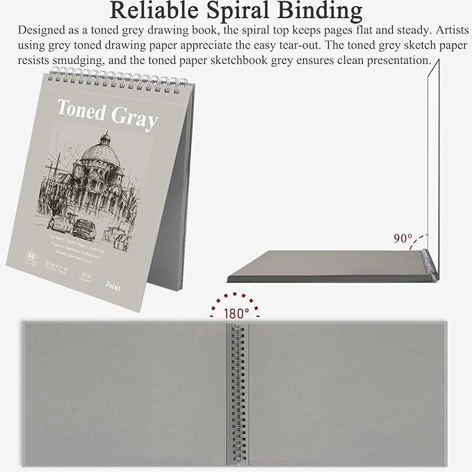 Fuxi Toned Gray Sketchbook 8.5x11, 60 Sheets (85lb/150gsm) Spiral Bound, Hardcover, Artist Sketch Pads for Drawing for Adults with Pencil, Charcoal, Colored Pencils for Artists & Students, Classroom.