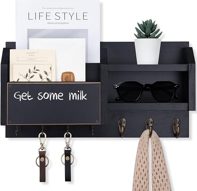 Lwenki Mail and Key Holder – Wall Mount Key Hanger with Shelf and 7 Metal Hooks – Decorative Natural Paulownia Wood Entryway Organizer with Mounting Hardware (16.5”W x 8.7”H x 3.5”D) (Black)