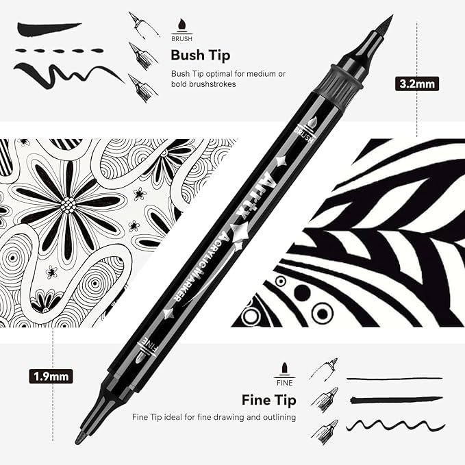 Arrtx Black Paint Pen 8 Pack Dual Tip, Black Acrylic Paint Graffiti Markers for Rock Painting, Paper, Wood, Ceramic, Fabric, Glass, Canvas, Plastic, Metal, Stone and DIY Crafts