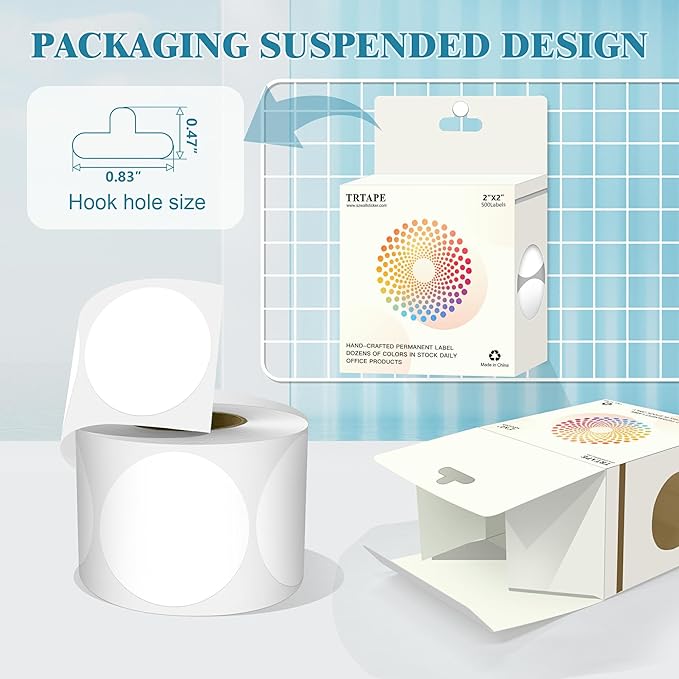 2 Inch Round Color Coding Labels (500 Count) - White Dot Stickers Circle Labels with Dispenser Box for Warehouse, Filing, Industrial, Office Organization