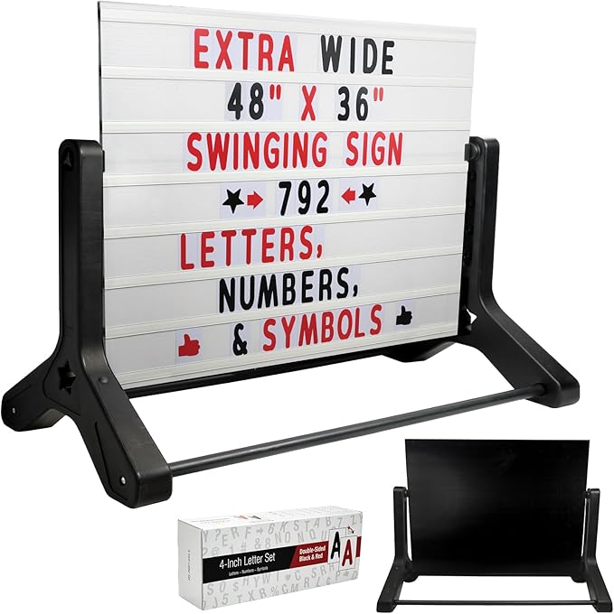 Swinging Changeable Message Sidewalk Sign: 36" x 48" Sign with 792 Pre-Cut Double Sided Letters and Storage Box. Includes Black Board & Letter Board (Black Color Legs)