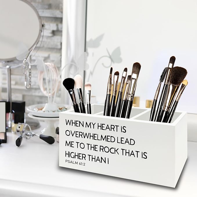 XPH Christian Pen Pencil Holder Organizer for Desk, Christian Gifts for Women Men, Religious Psalm 61:2 Bible Verse Scripture Wooden Box Sign for Home Office Desk Tabletop Decorations