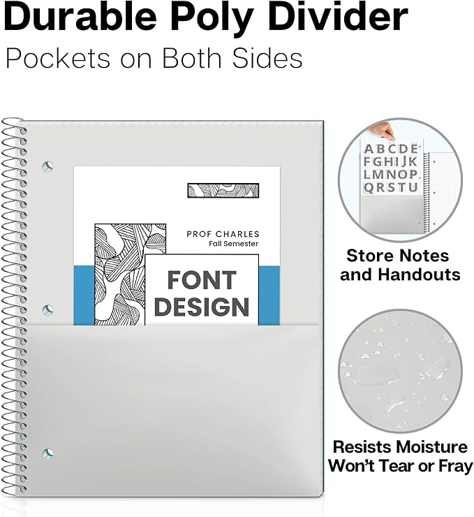 Dunwell Graph Paper Notebook 8.5 x 11 (3-Pack Red Blue Black) Plastic Cover, 100 Sheets (200 Pages), Perforated 3-Hole Punched, 4x4 Squares, Spiral Notebook, 1/4" Grid, Divider with Pockets