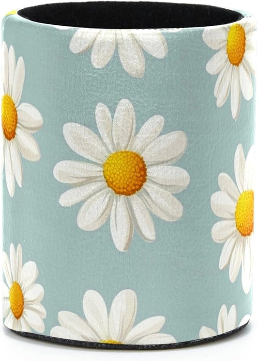 Leather Pen Holder for Desk, Daisy Pencil Cup Desktop Organizer Makeup Brush Holders Office Supplies for Home, Kids & School