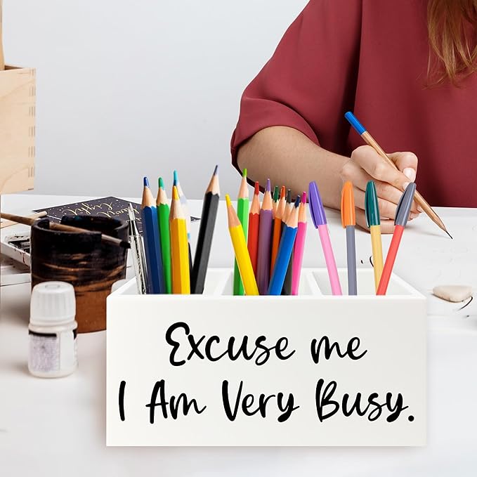 QZQE Funny Pen Pencil Holder Organizer for Desk, Funny Office Decor, Excuse Me I Am Very Busy Wooden Box Signs Decorations for Home Workplace Office Desk Tabletop
