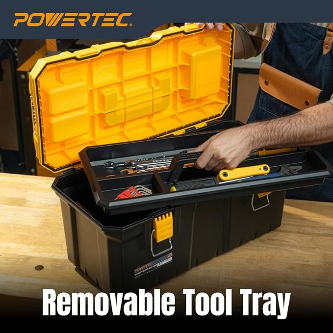 POWERTEC 22-Inch Tool Box with Trays - Lockable, Metal Latch, Organizer, Portable Storage for Tools, Small or Mid-Sized Parts (72363)