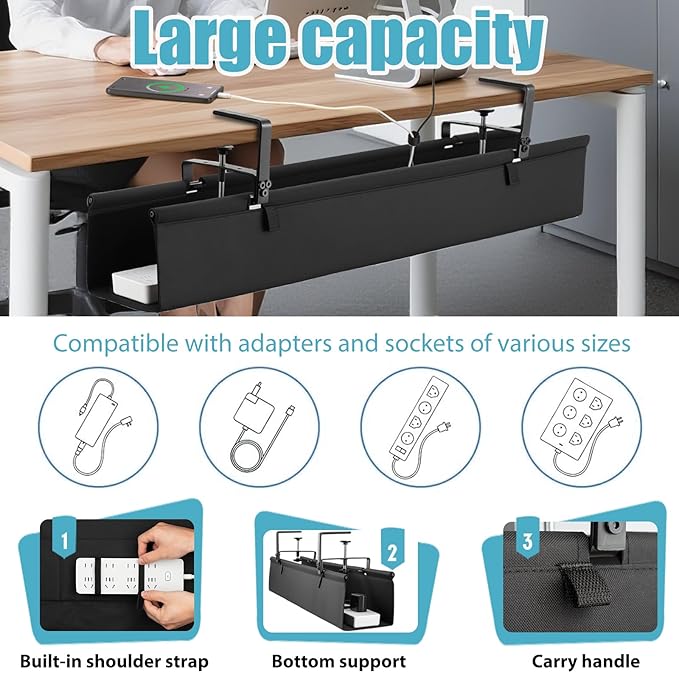 Oxford Cloth Under Desk Cable Management Tray,No-Drill 48" Desk Cable Management Organizer with Clip/Screw Installation,Holds Up to 70 lbs,Fabric Cable Management for Home,Office & Gaming Computer