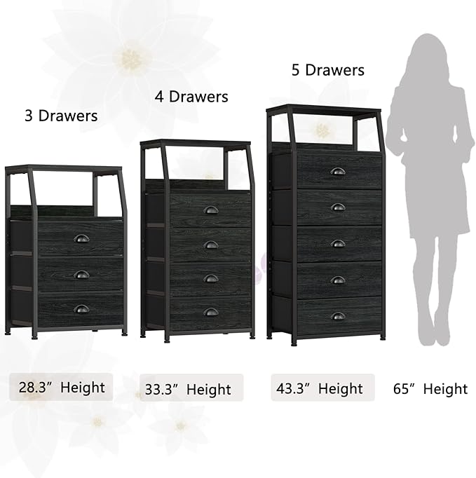 Furnulem Black Night Stand, Small Dresser for Bedroom, Nightstand with 3 Fabric Storage Drawers and 2-Tier Shelf, End Table Side Furniture for Closet, Hallway, Nursery, Sturdy Steel Frame, Wood Top