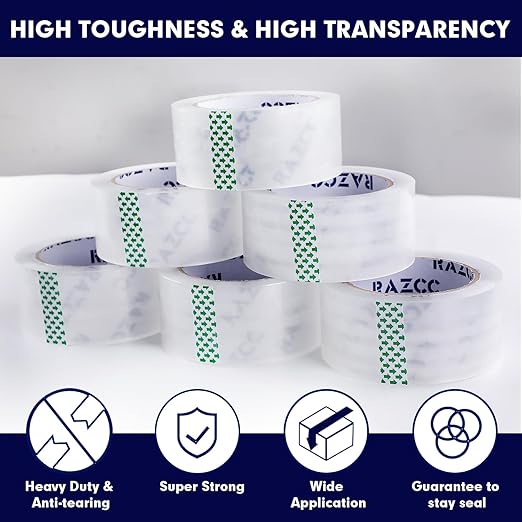 RAZCC Packing Tape, 36 Rolls Clear Heavy Duty Packaging Tape with Dispensers for Packing Shipping Moving Mailing, Thicker Sealing Tape - 1.88" x 65 Yard Per Roll, 2340 Total Yards
