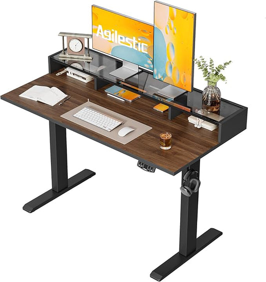 Agilestic Glass Standing Desk with Storage, 48 Inch Electric Adjustable Desk with Glass Shelf, Sit Stand Up Home Office Computer Table, Splice Board, Dark Walnut